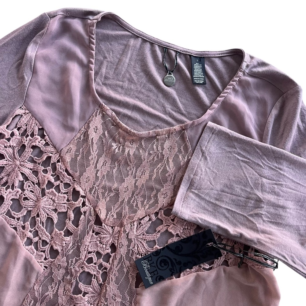 BKE Boutique Womens L Mauve Dusty Pink 3/4 Sleeve Lace Paneled Mesh Tunic Blouse